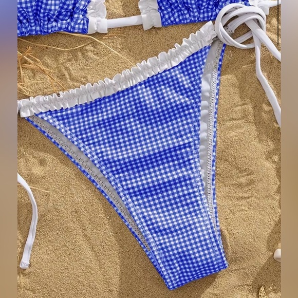 Blue White Gingham Ruffle Side Tie Bikini Set - Picture 6 of 8